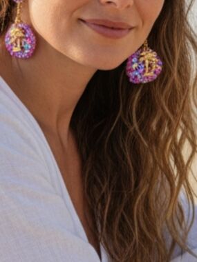 Gold-Accent Pink Multicolor Sequin Drop Seashell Earrings